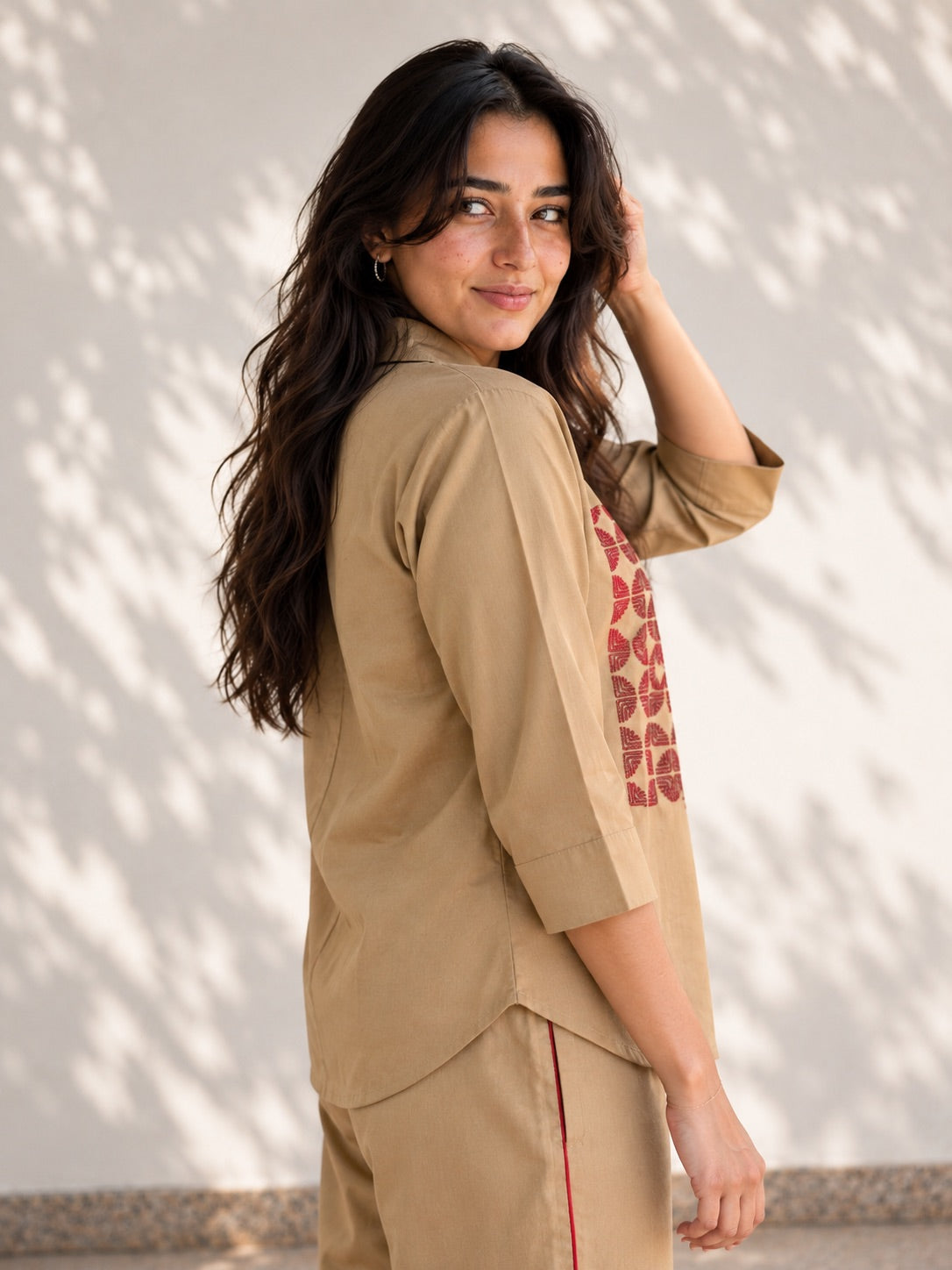 Beige Cotton Embroidered Co Ord