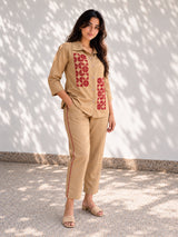 Beige Cotton Embroidered Co Ord