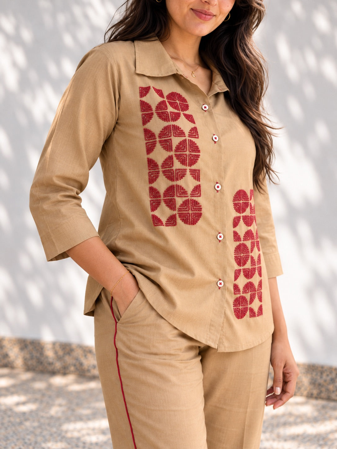 Beige Cotton Embroidered Co Ord