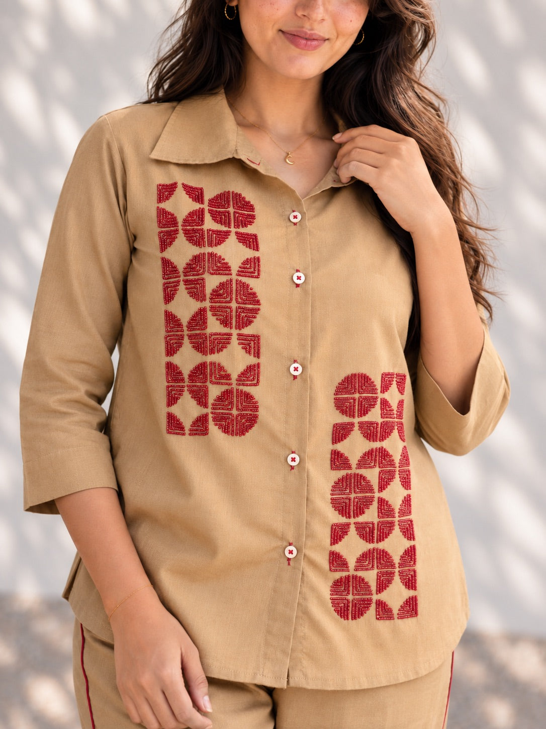 Beige Cotton Embroidered Co Ord