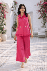 Pink sleeveless bird-print co-ord set with ruffle hem, wide-leg pants, perfect for casual summer wear