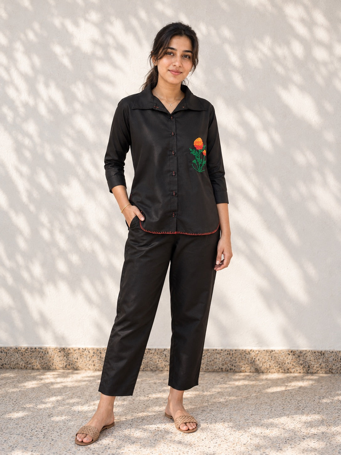 Black Cotton Co-Ord | Marigold Embroidery