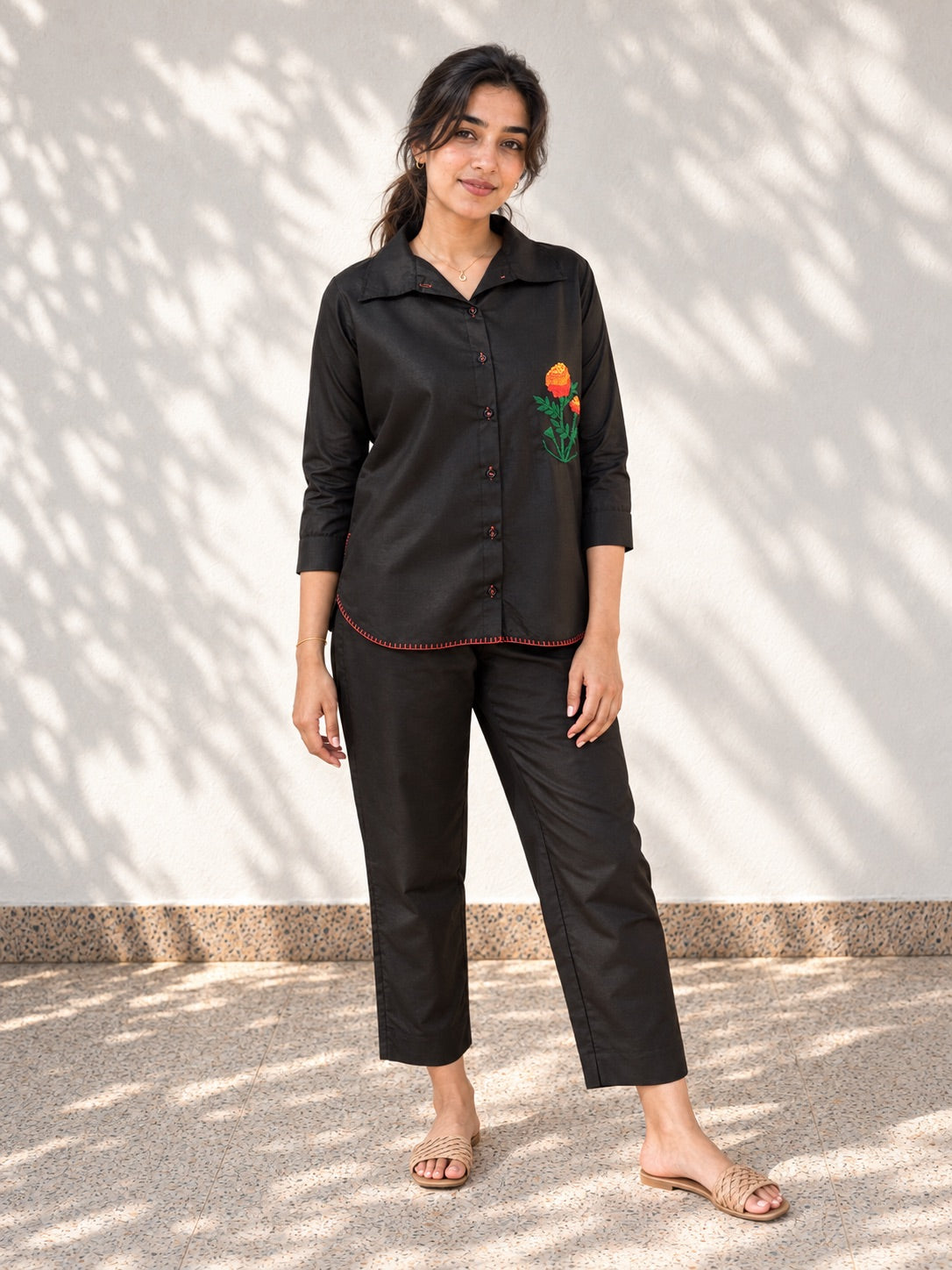 Black Cotton Co-Ord | Marigold Embroidery