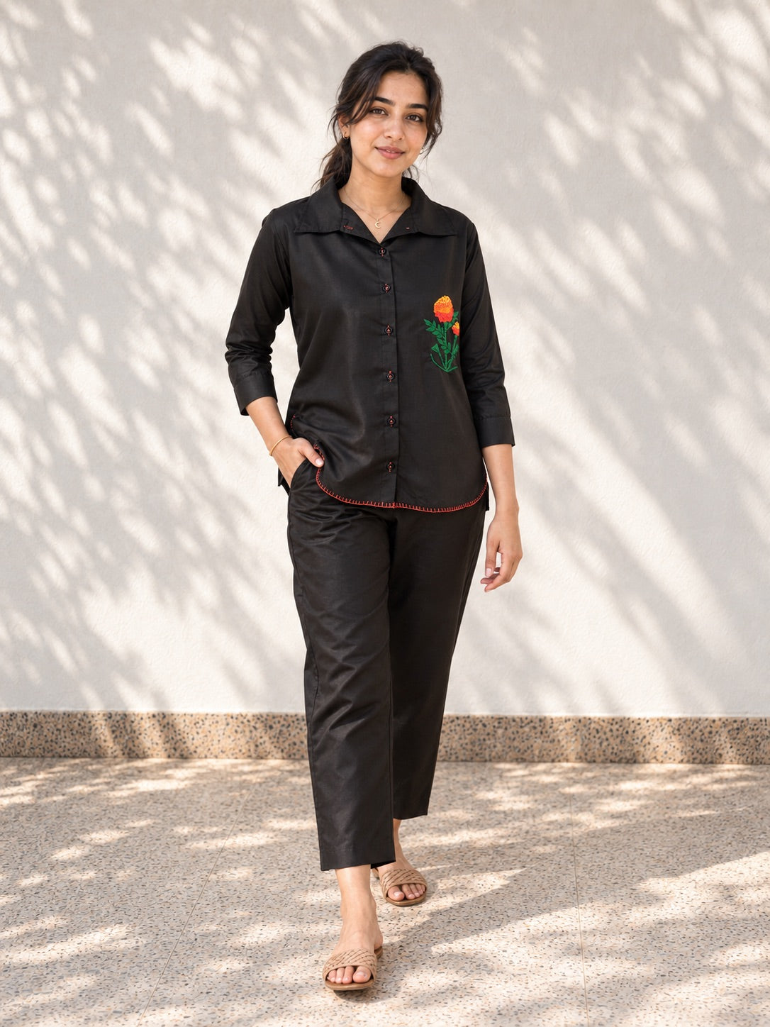 Black Cotton Co-Ord | Marigold Embroidery