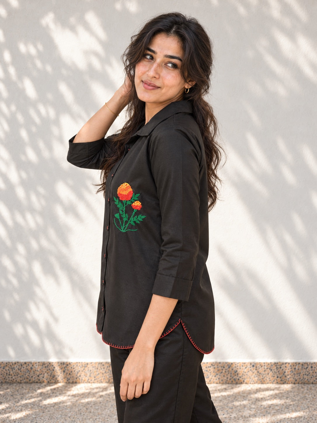 Black Cotton Co-Ord | Marigold Embroidery