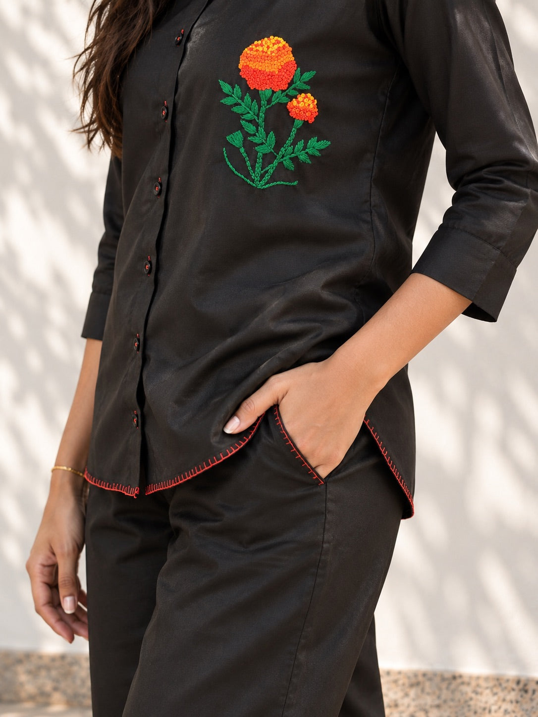 Black Cotton Co-Ord | Marigold Embroidery