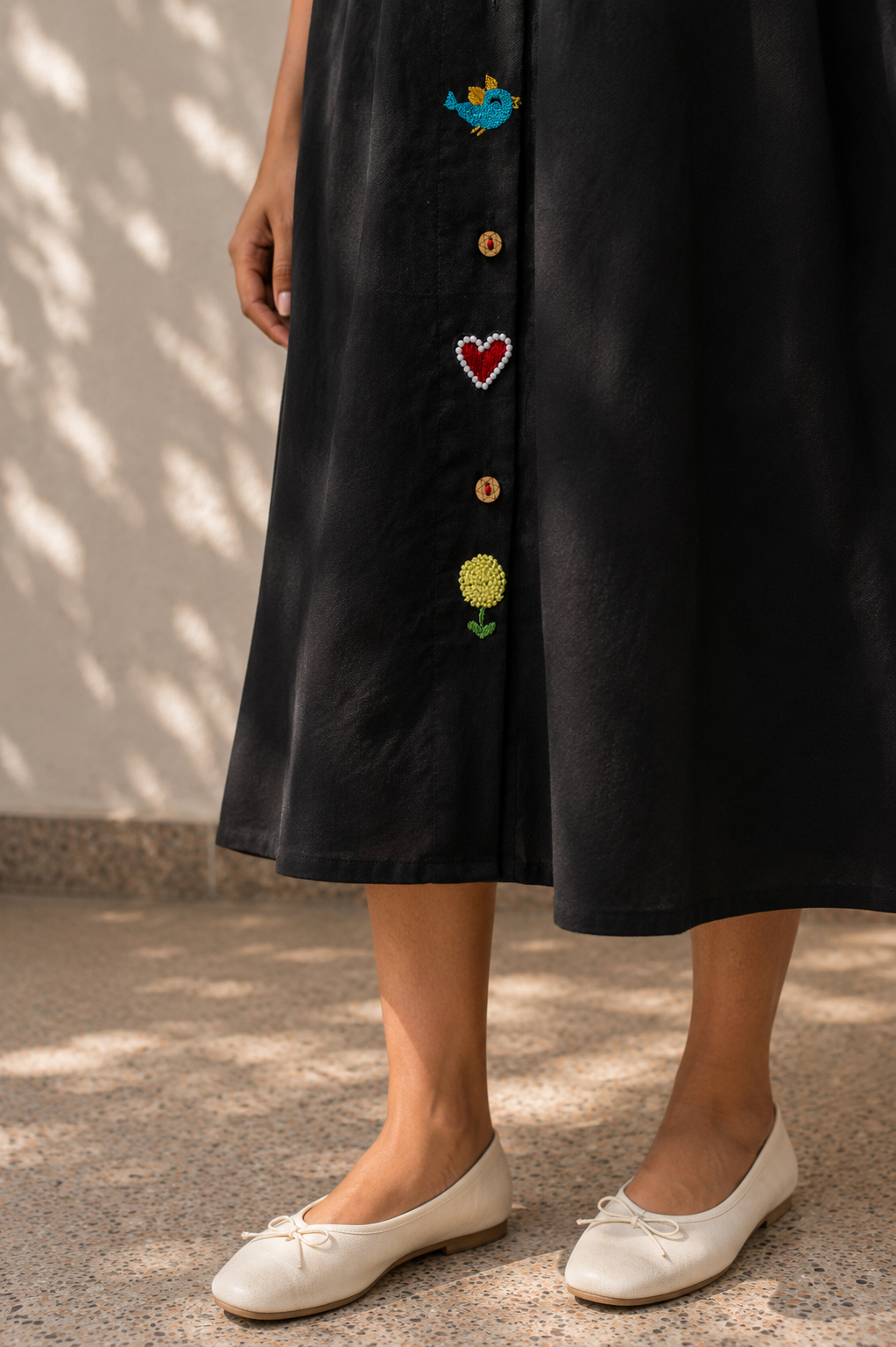Black Cotton Embroidered A-Line Dress