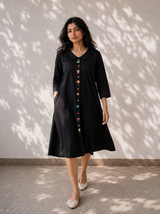 Black Cotton Embroidered A-Line Dress