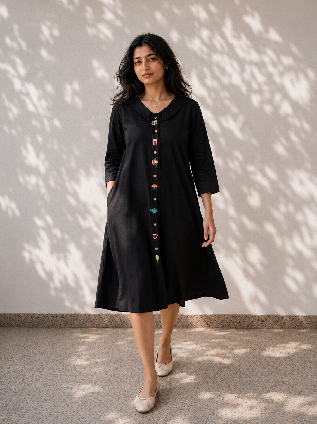 Black Cotton Embroidered A-Line Dress