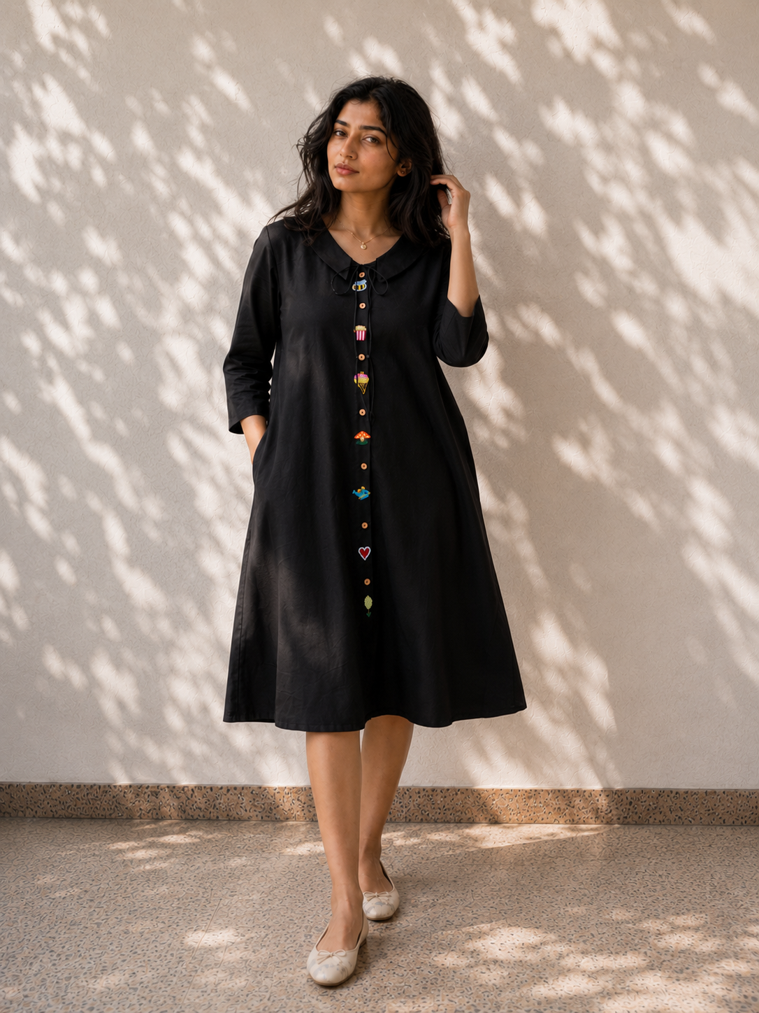Black Cotton Embroidered A-Line Dress
