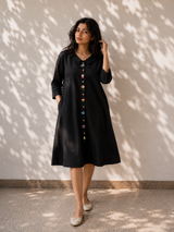 Black Cotton Embroidered A-Line Dress