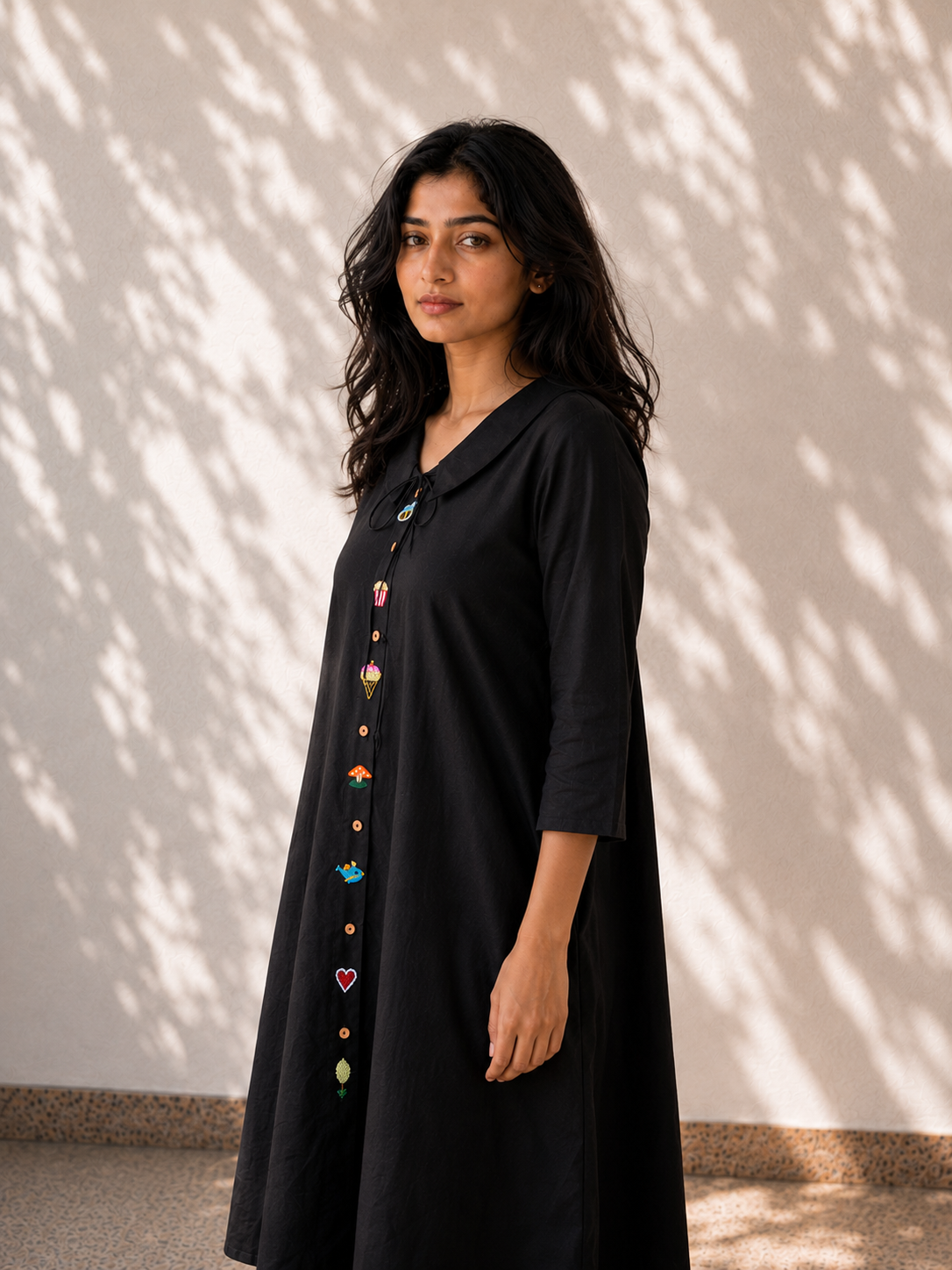 Black Cotton Embroidered A-Line Dress