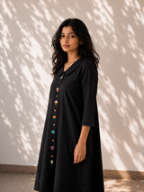 Black Cotton Embroidered A-Line Dress