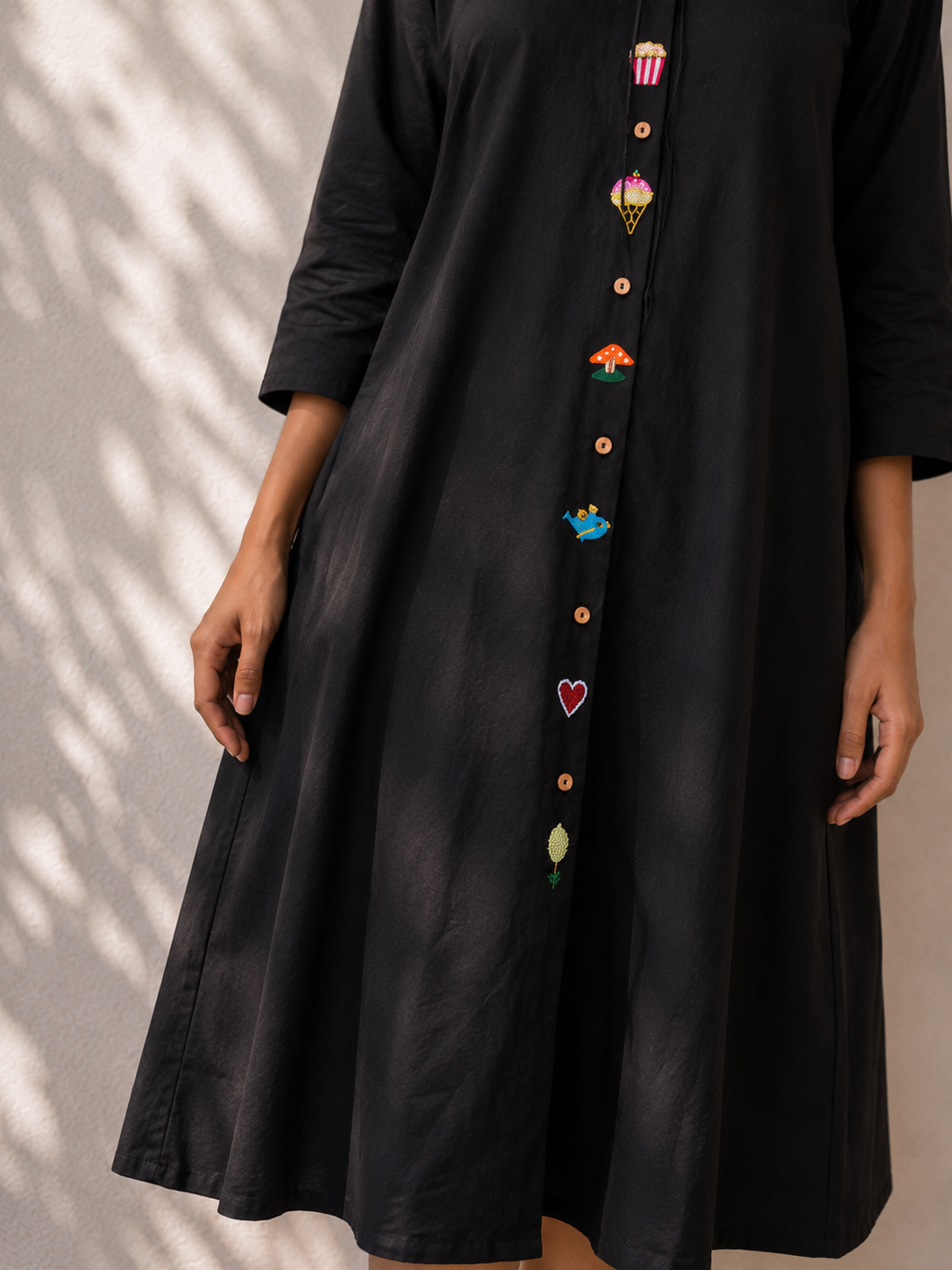 Black Cotton Embroidered A-Line Dress