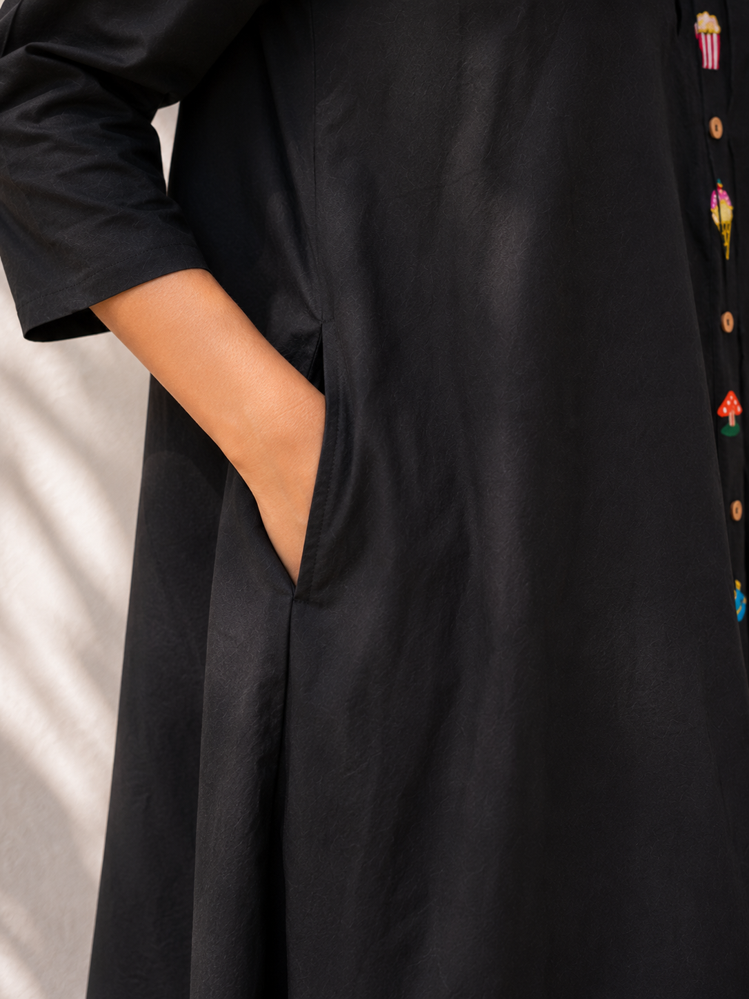 Black Cotton Embroidered A-Line Dress