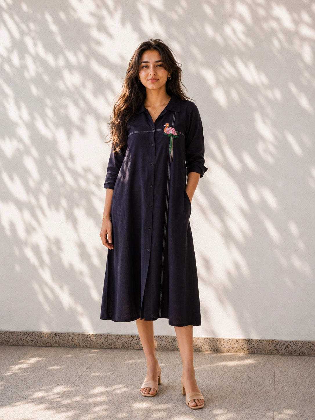 Flamingo Embroidered Black Cotton Midi Dress