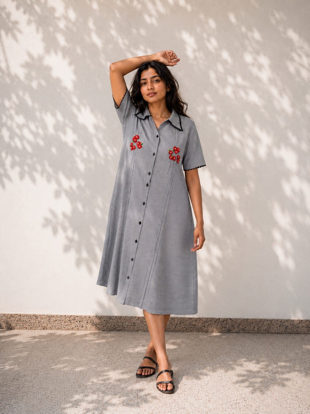 Black and White Gingham Midi Dress with Red Floral Embroidery