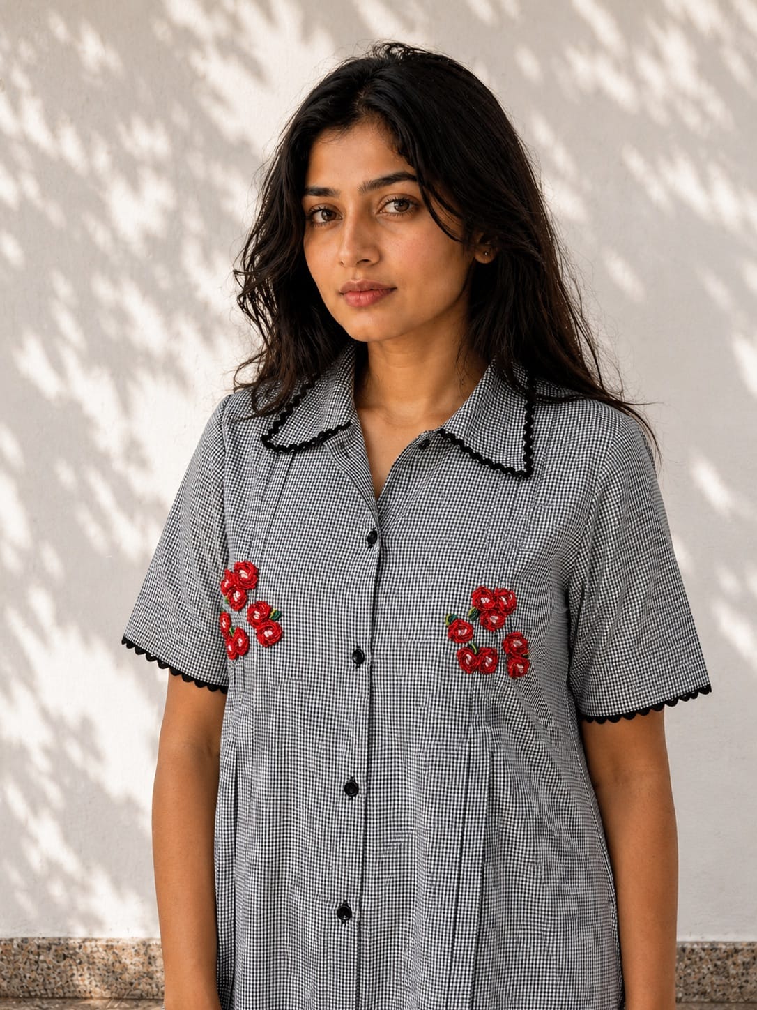 Black and White Gingham Midi Dress with Red Floral Embroidery