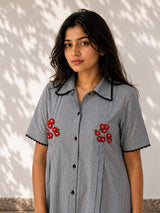 Black and White Gingham Midi Dress with Red Floral Embroidery