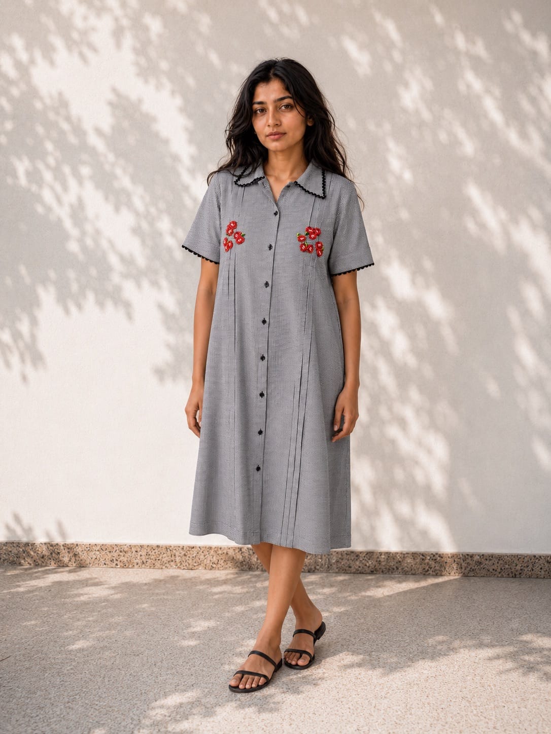 Black and White Gingham Midi Dress with Red Floral Embroidery