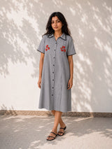 Black and White Gingham Midi Dress with Red Floral Embroidery