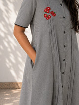 Black and White Gingham Midi Dress with Red Floral Embroidery