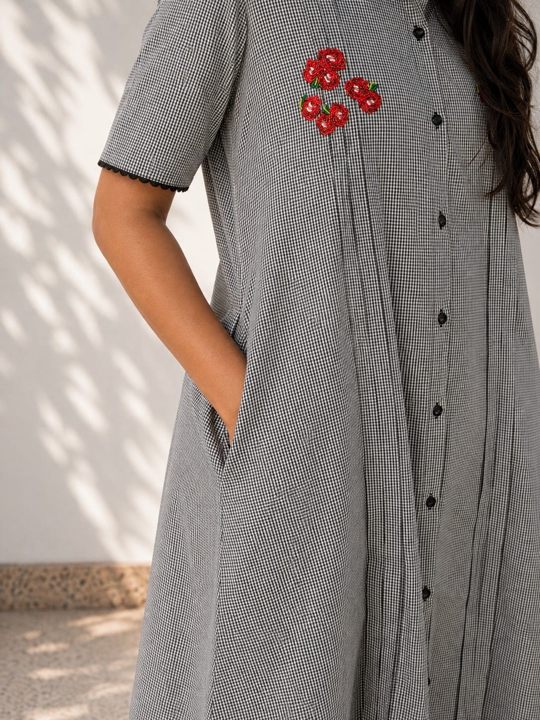 Black and White Gingham Midi Dress with Red Floral Embroidery