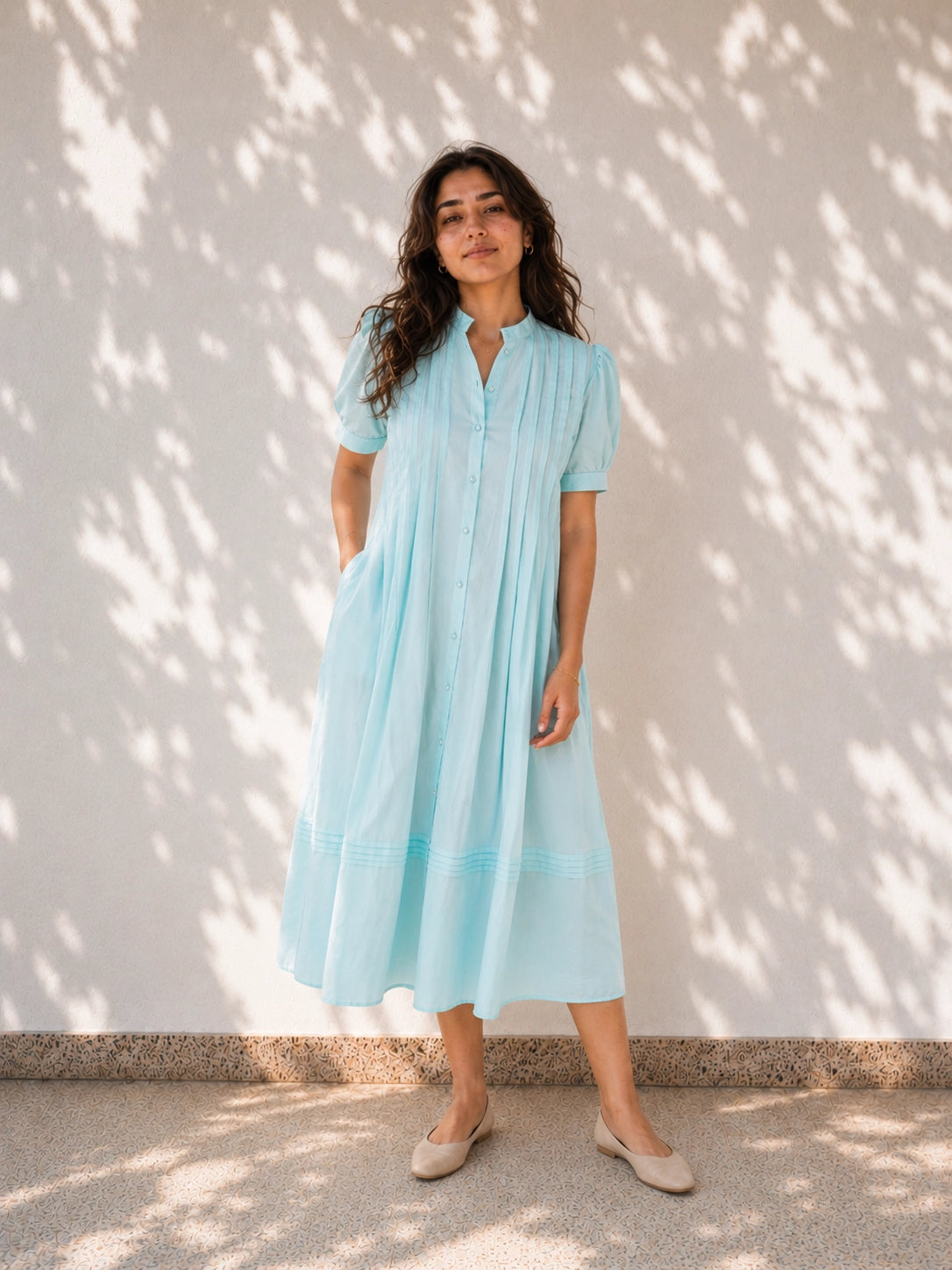 Blue Pleated Cotton Poplin Dress