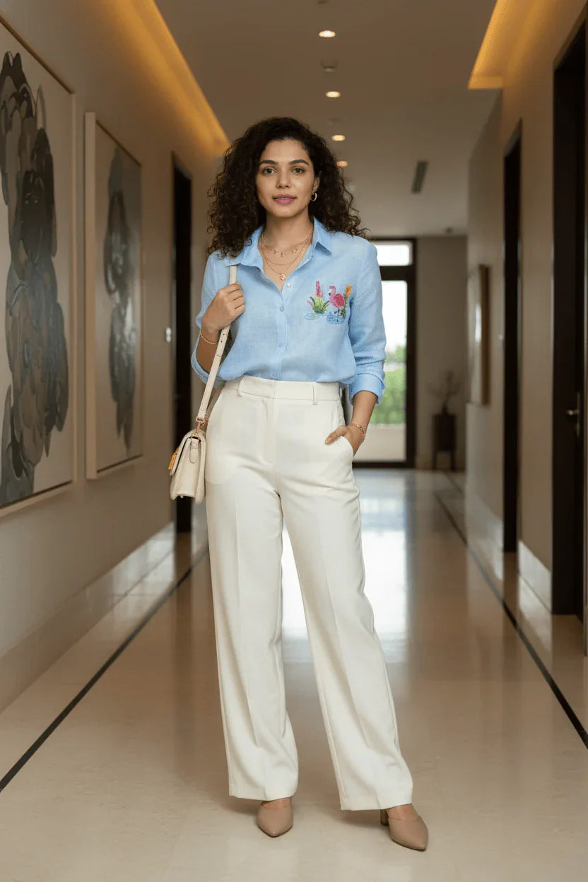 Woman in blue embroidered shirt and white wide-leg pants, stylish everyday outfit
