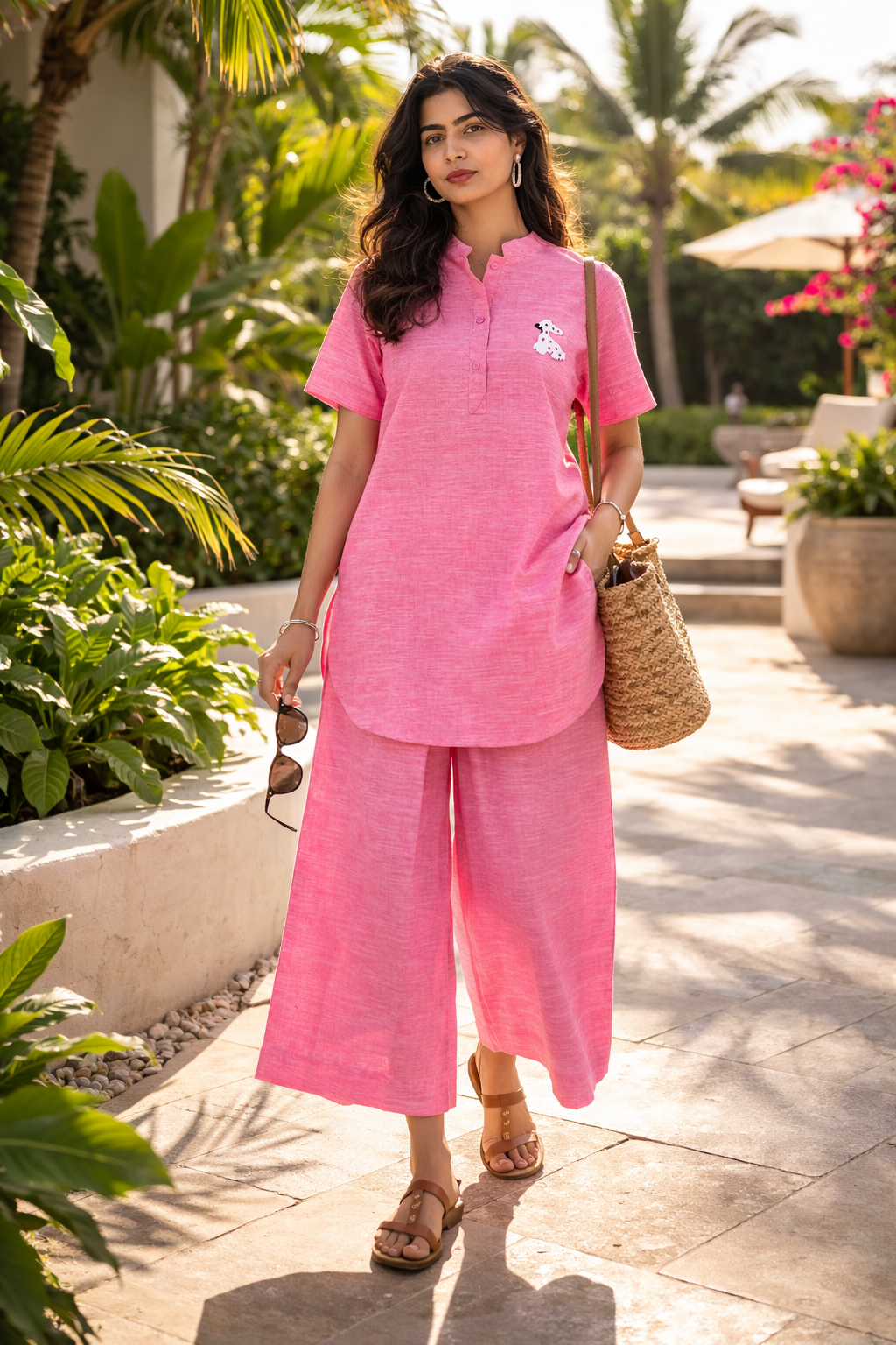 Pink linen co-ord set with embroidered detail, paired with woven bag and sandals for casual wear