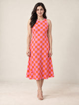 Pink and Orange Checkered Sleeveless Midi Dress Hello June