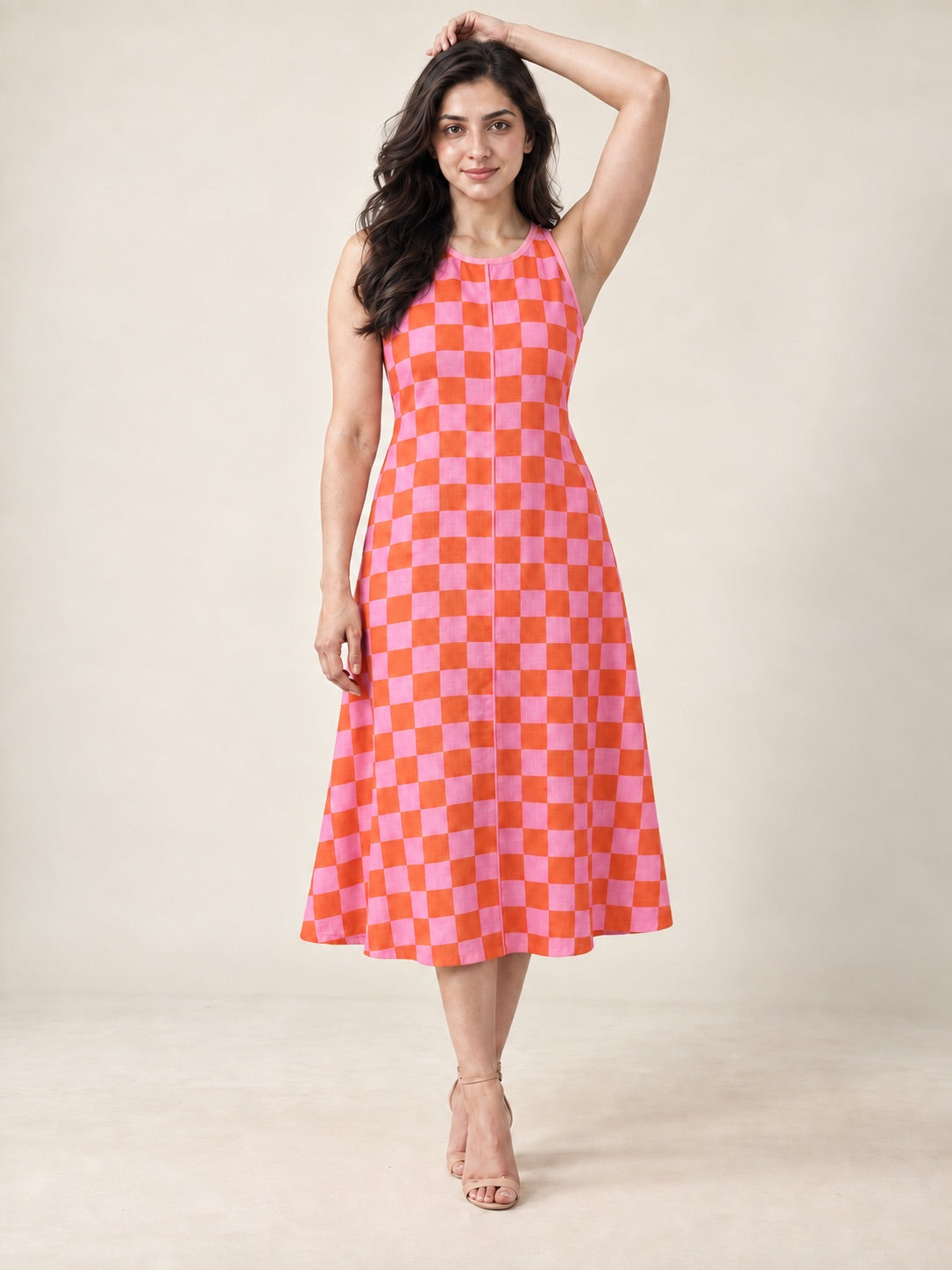 Pink and Orange Checkered Sleeveless Midi Dress Hello June