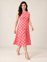 Pink and Orange Checkered Sleeveless Midi Dress Hello June