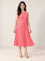 Pink and Orange Checkered Sleeveless Midi Dress Hello June