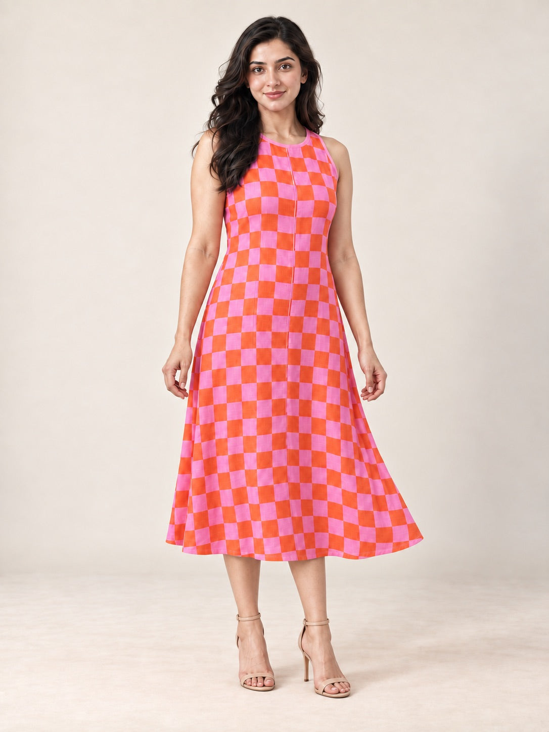Pink and Orange Checkered Sleeveless Midi Dress Hello June