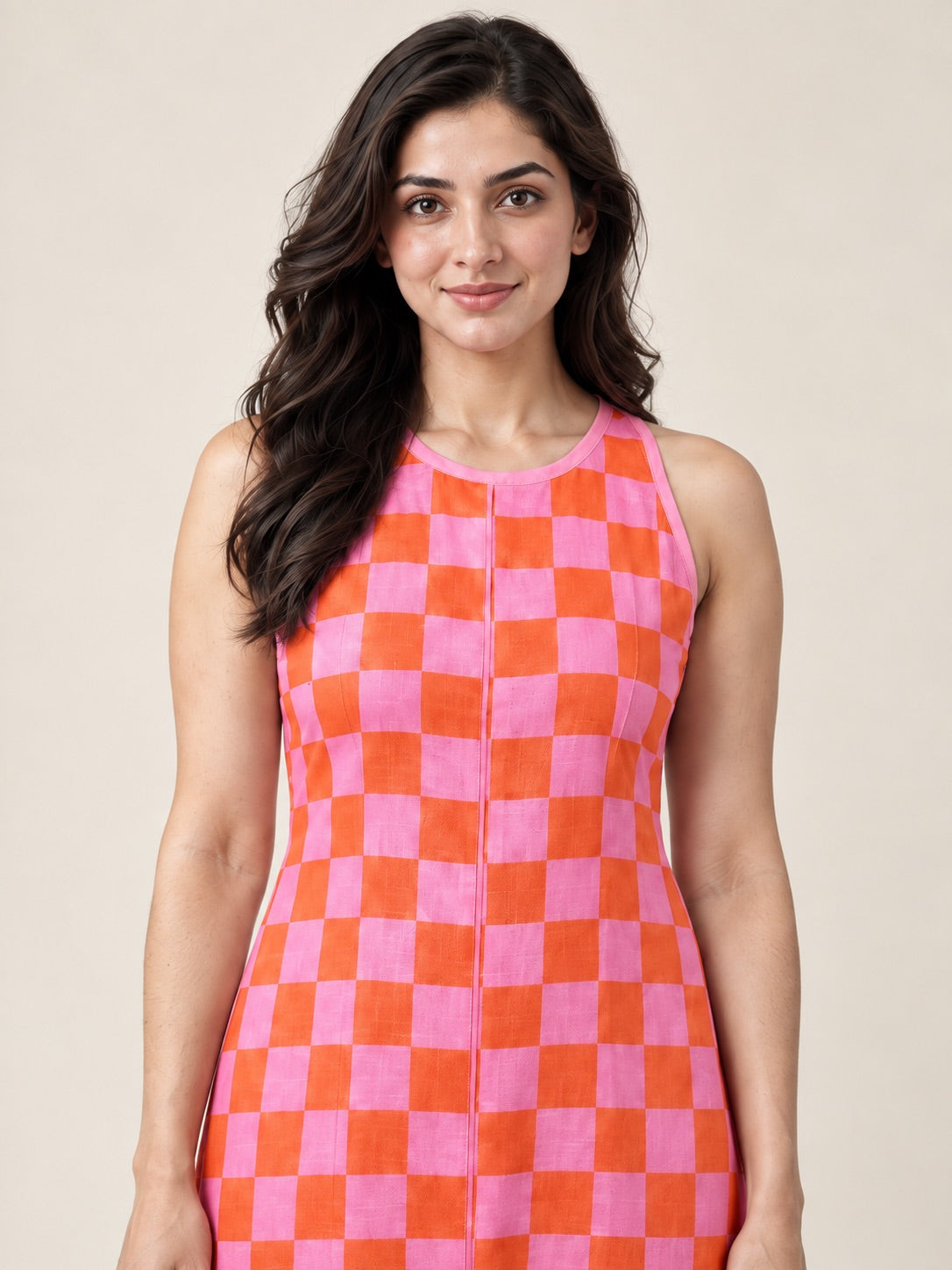 Pink and Orange Checkered Sleeveless Midi Dress