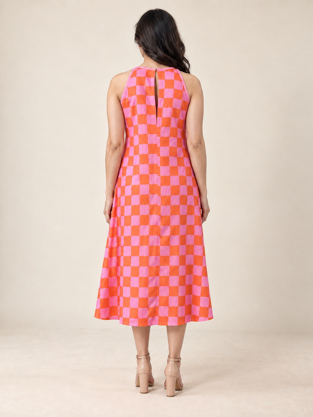 Pink and Orange Checkered Sleeveless Midi Dress