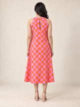 Pink and Orange Checkered Sleeveless Midi Dress