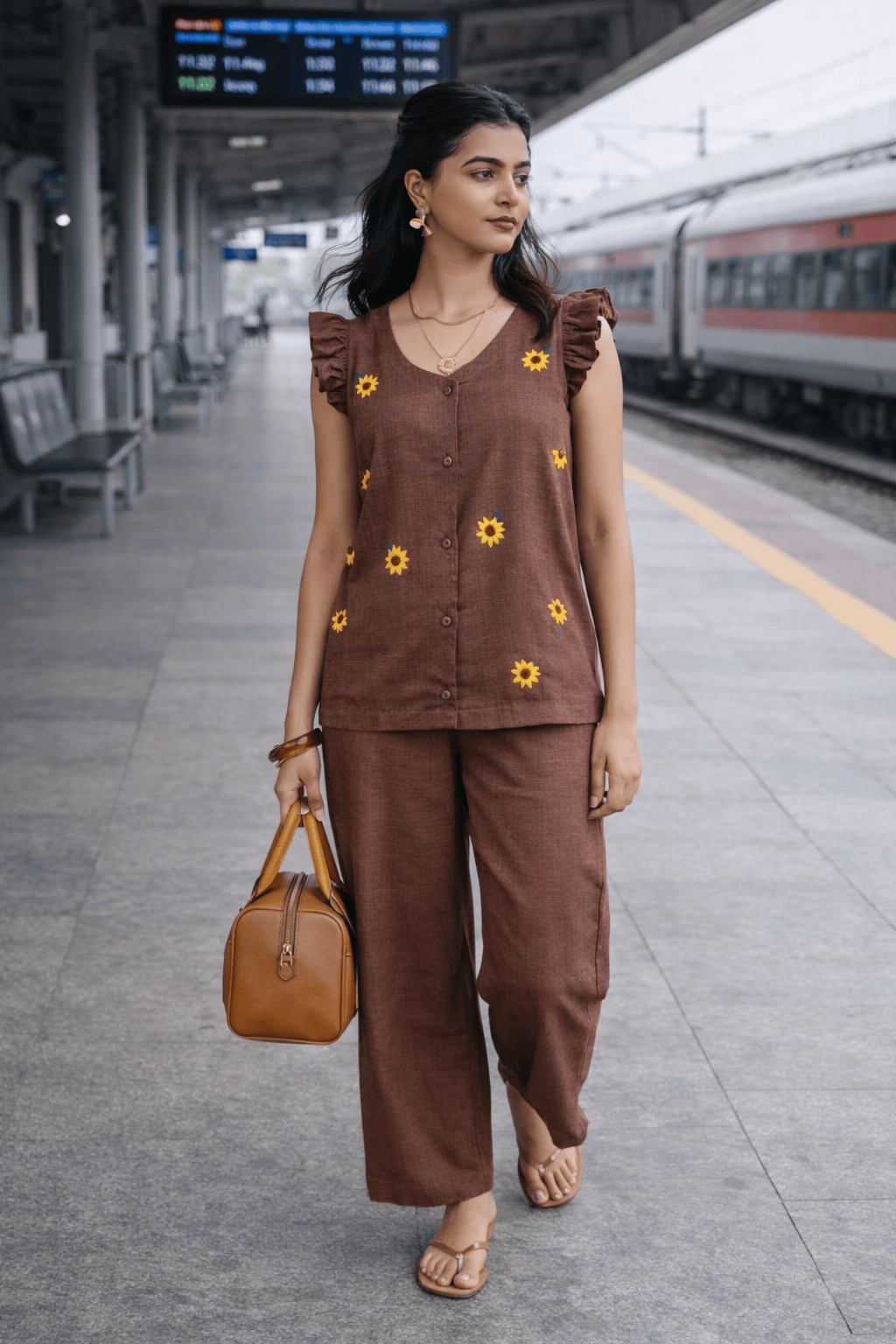 Brown sunflower embroidered co-ord set for women, perfect for travel or casual outings