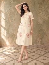 Cream Embroidered Silk Cotton Midi Dress