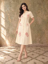 Cream Embroidered Silk Cotton Midi Dress