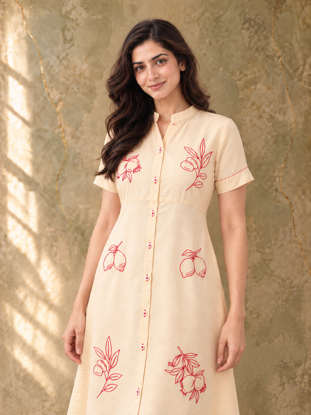 Cream Embroidered Silk Cotton Midi Dress