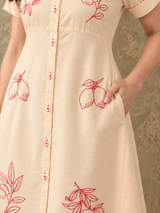 Cream Embroidered Silk Cotton Midi Dress