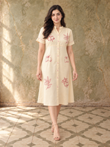 Cream Embroidered Silk Cotton Midi Dress