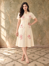 Cream Embroidered Silk Cotton Midi Dress