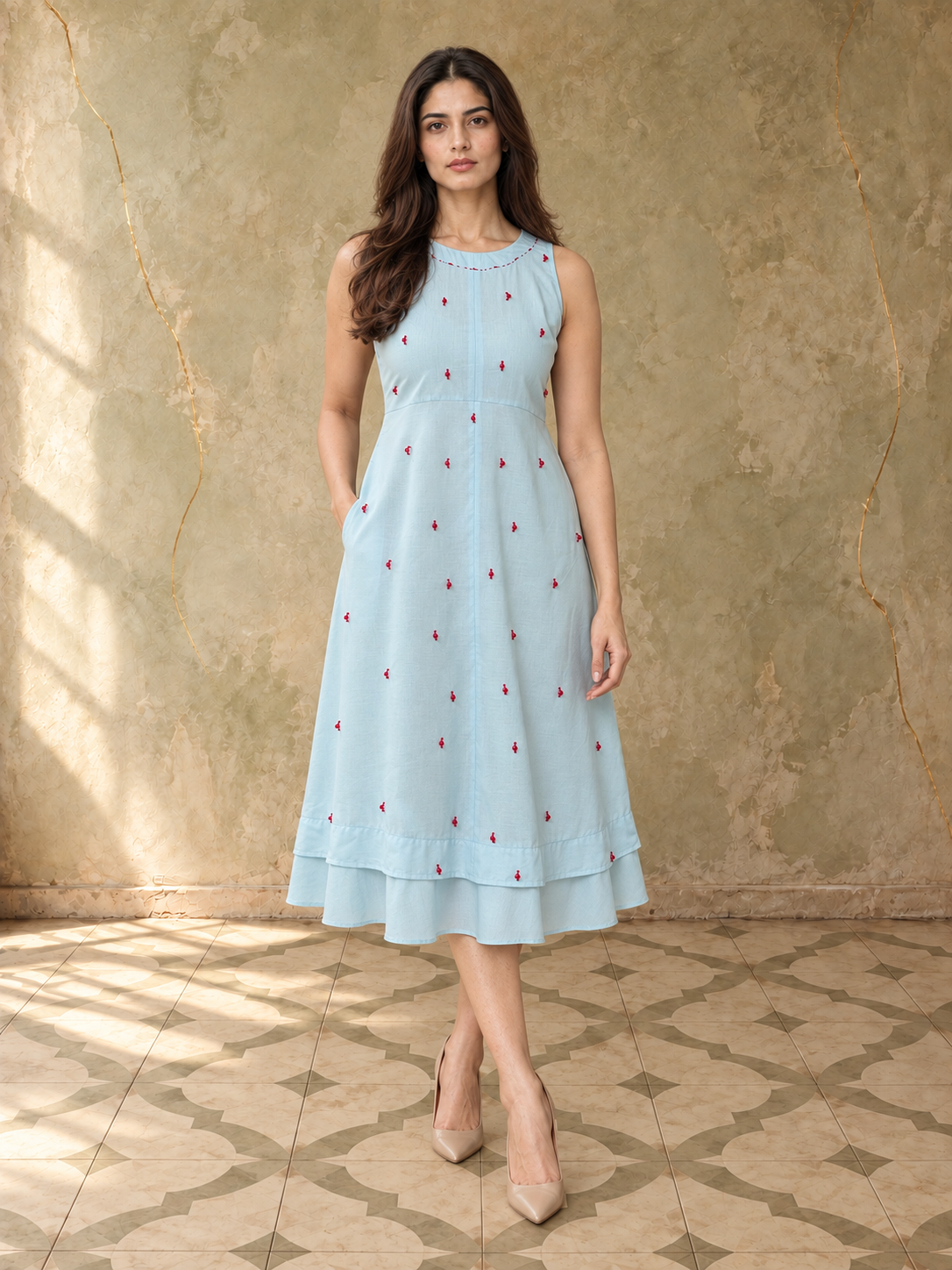 Light Blue Embroidered Midi Dress with Layered Hem