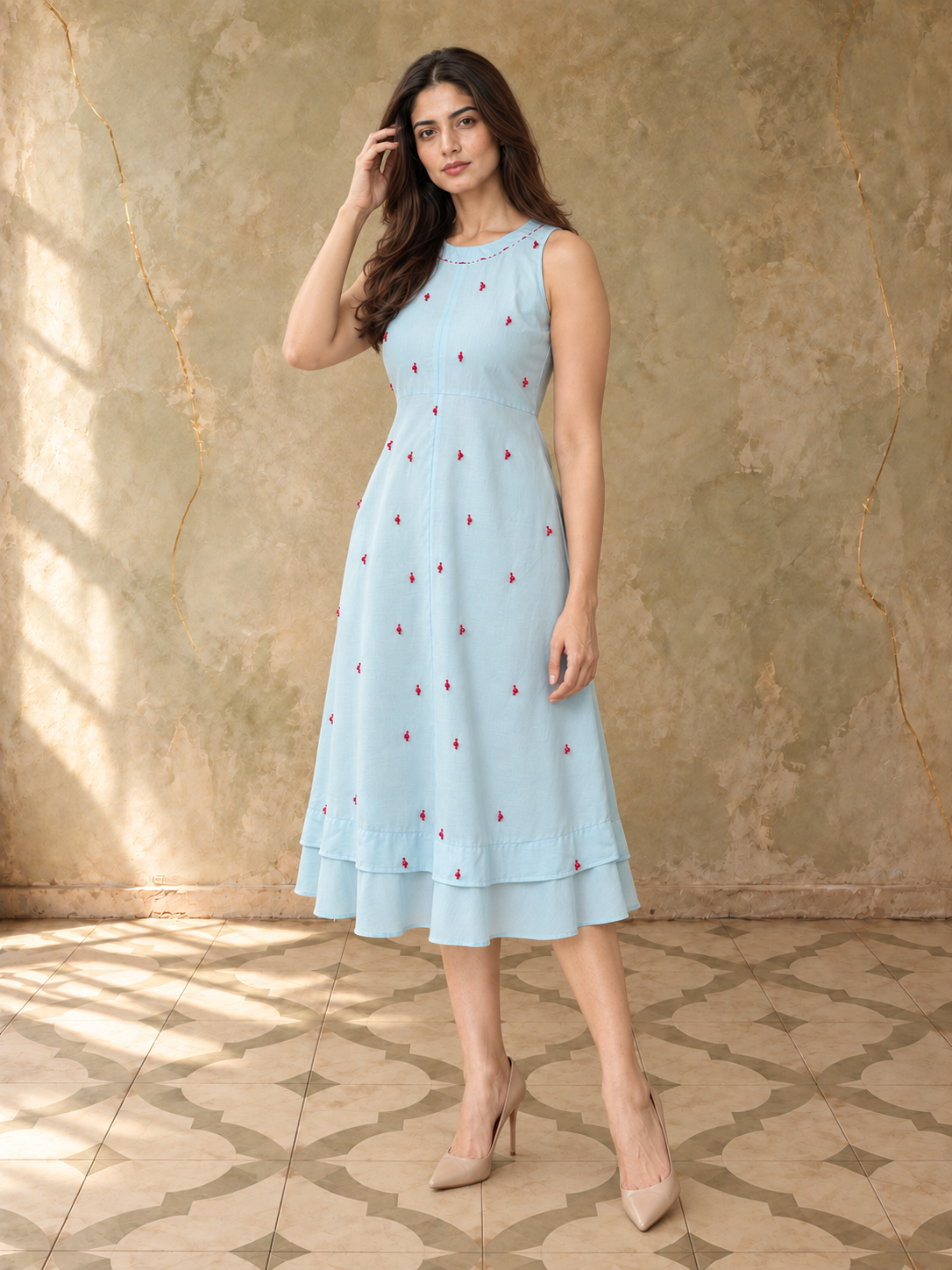 Light Blue Embroidered Midi Dress with Layered Hem