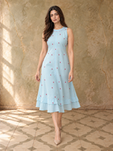 Light Blue Embroidered Midi Dress with Layered Hem