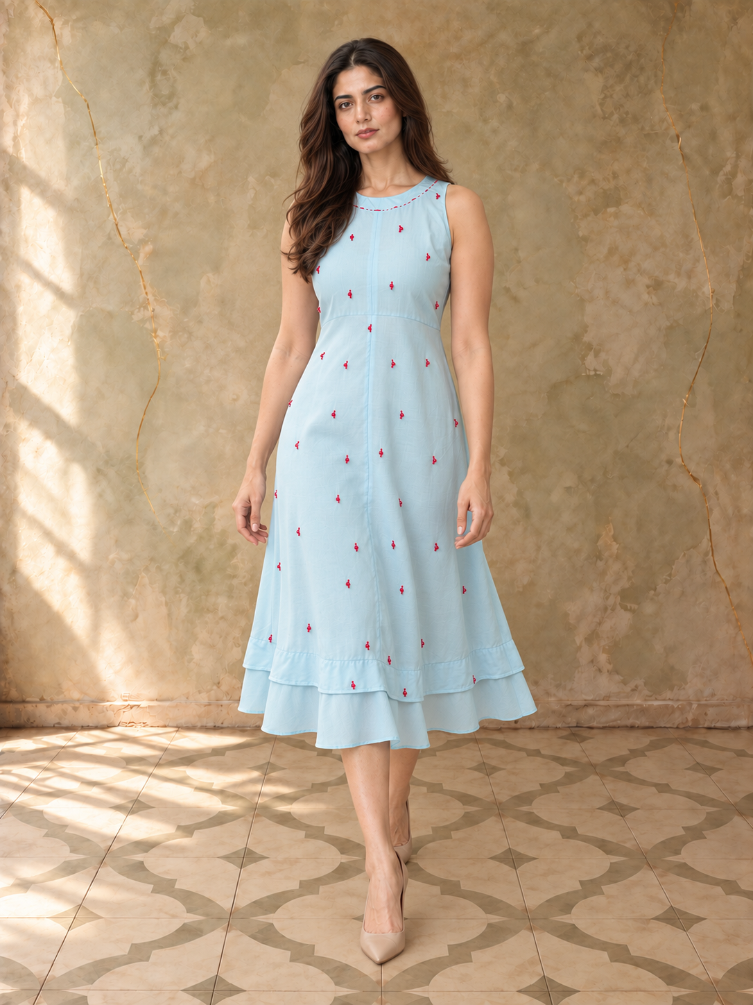 Light Blue Embroidered Midi Dress with Layered Hem