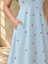Light Blue Embroidered Midi Dress with Layered Hem